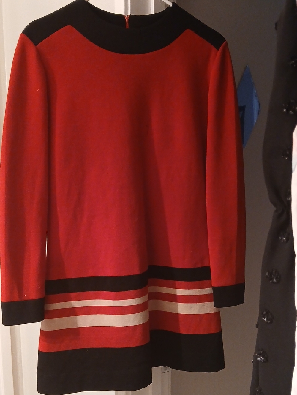 WOOL blend 60's Women’s Red and Black Long-Sleeve Knit Sweater Dress